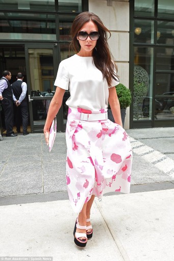 Victoria Beckham leaves her New York hotel in chunky sandals and a floral skirt, June 4, 2015